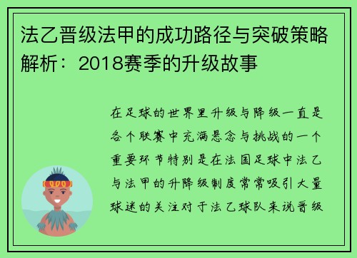 法乙晋级法甲的成功路径与突破策略解析：2018赛季的升级故事